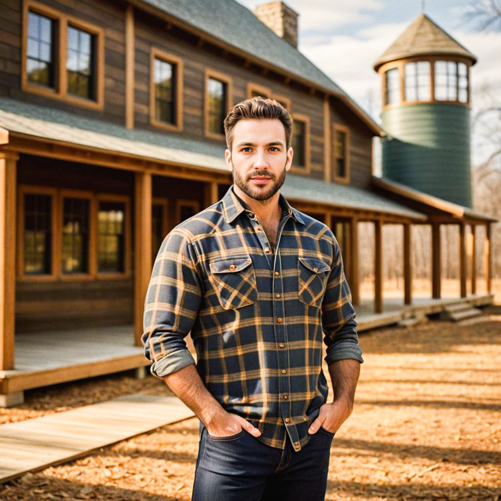 Confident Young Man in Plaid Shirt by Rustic Cabin