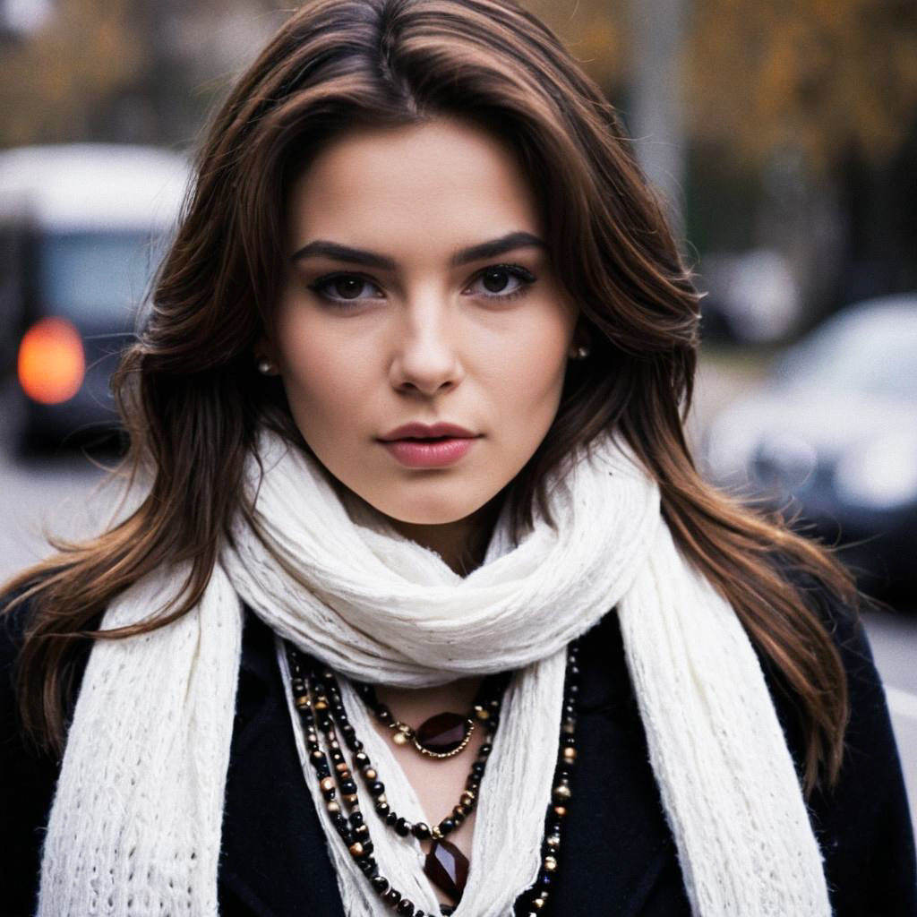 Close-up portrait of a woman in a cozy scarf Close-up portrait of a woman in a cozy scarf