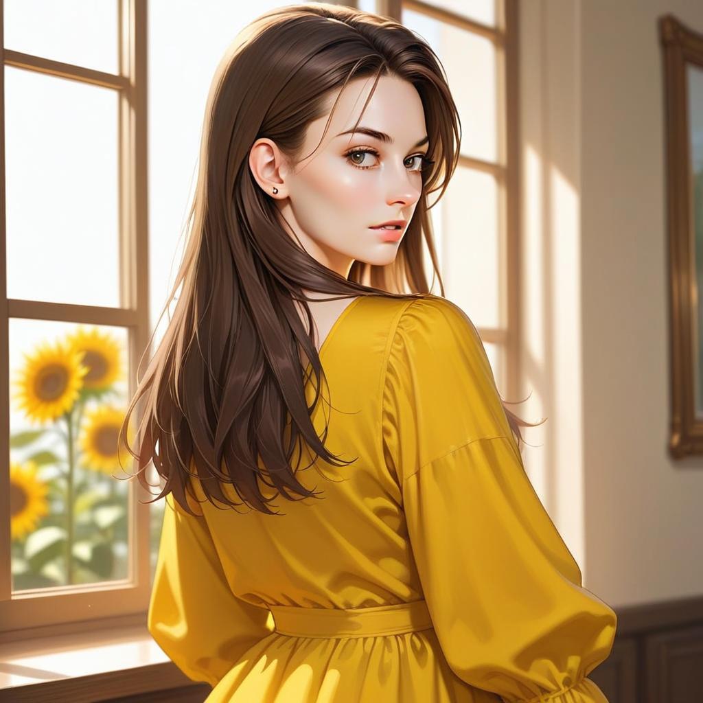 Woman in Yellow Dress by Window with Sunflowers