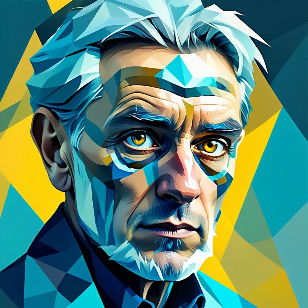 Polygonal Digital Portrait of Older Man with Intense Amber Eyes