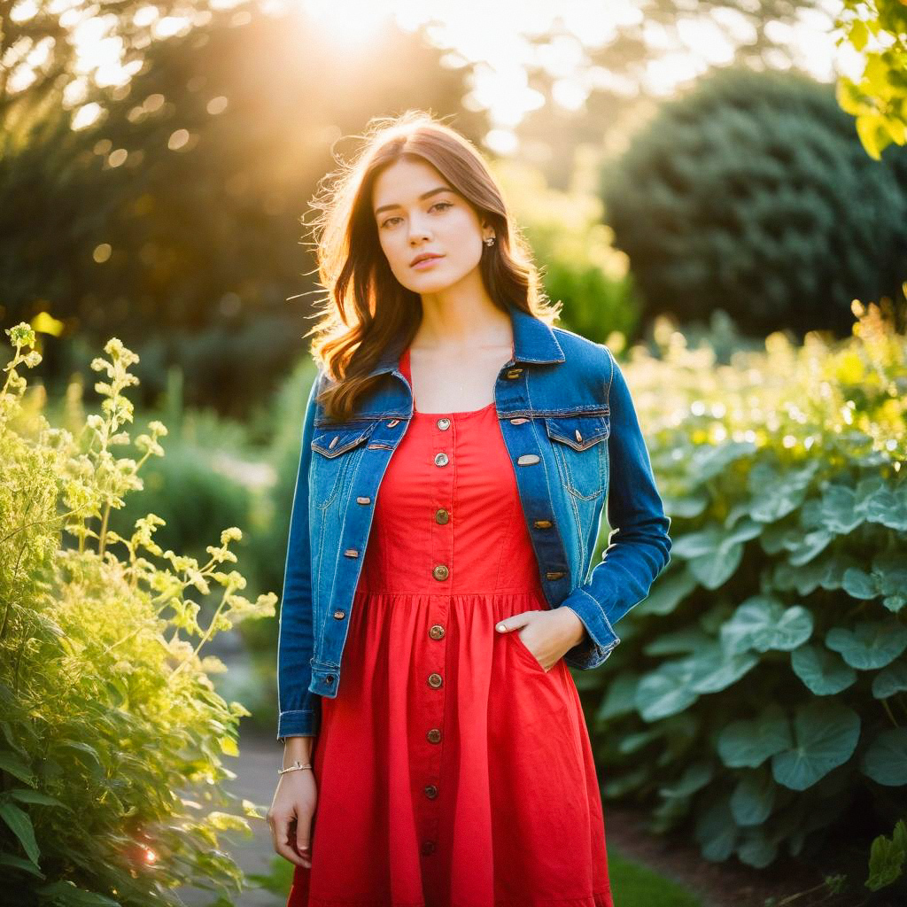 Young Woman in Red Dress and Denim Jacket in Garden Young Woman in Red Dress and Denim Jacket in Garden
