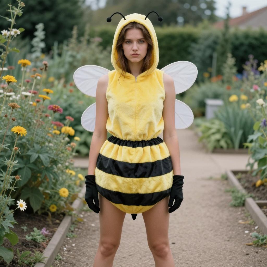 Woman in Plush Bee Costume with Wings in Garden