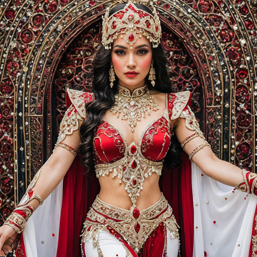 Elegant Woman in Red and Gold Ornate Southeast Asian Royal Costume