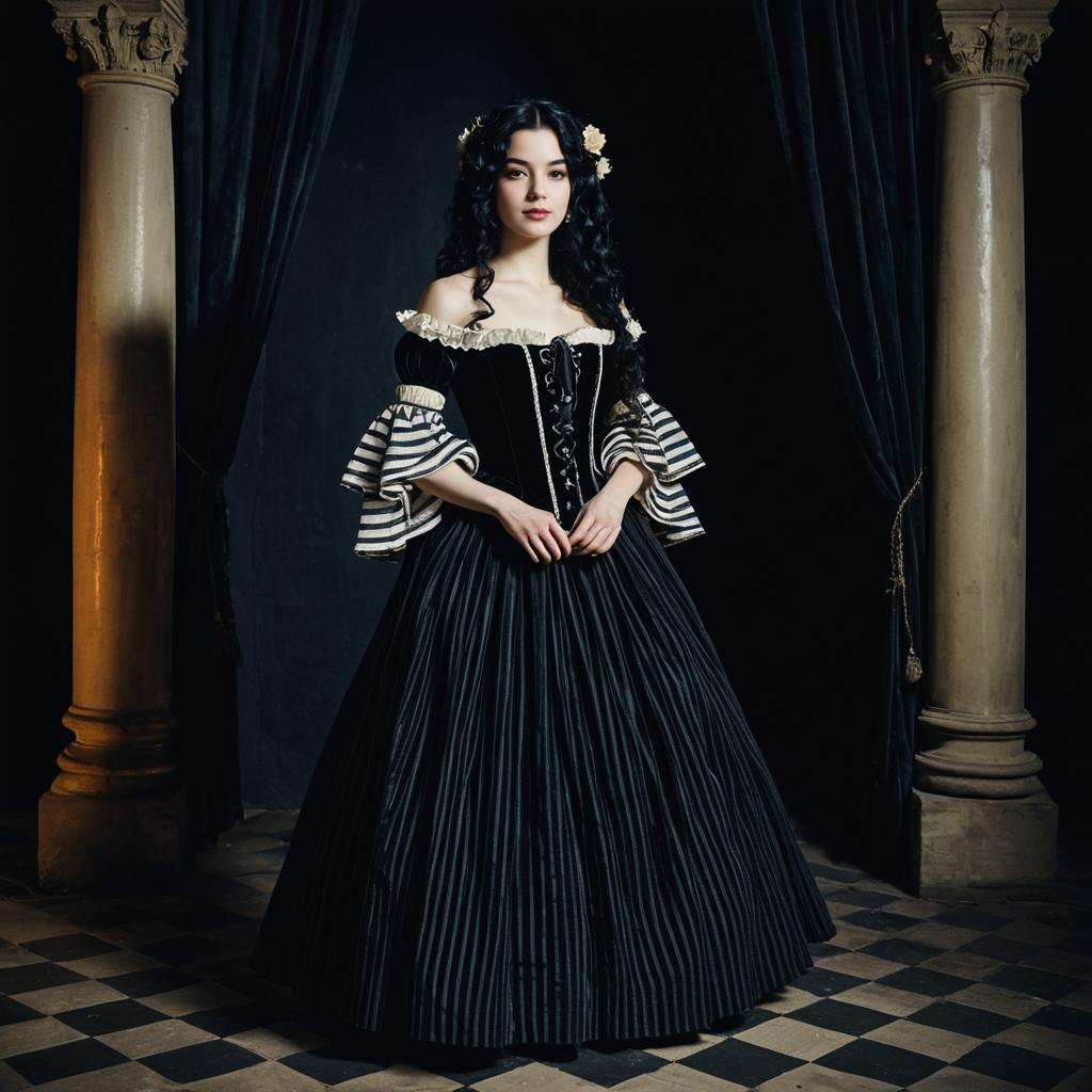 Elegant Victorian-Style Woman in Black Gown with Striped Sleeves