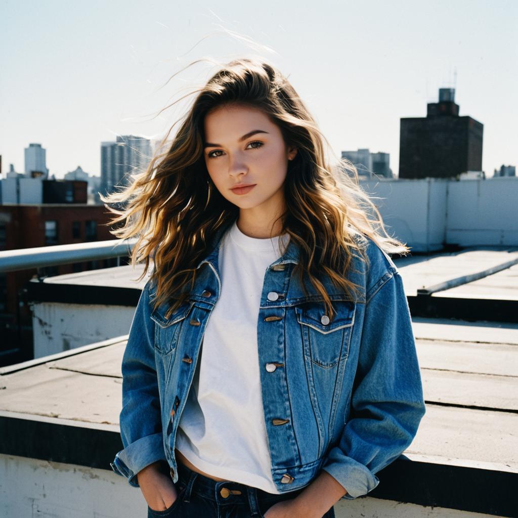 Young Woman in Denim Jacket on Urban Rooftop
