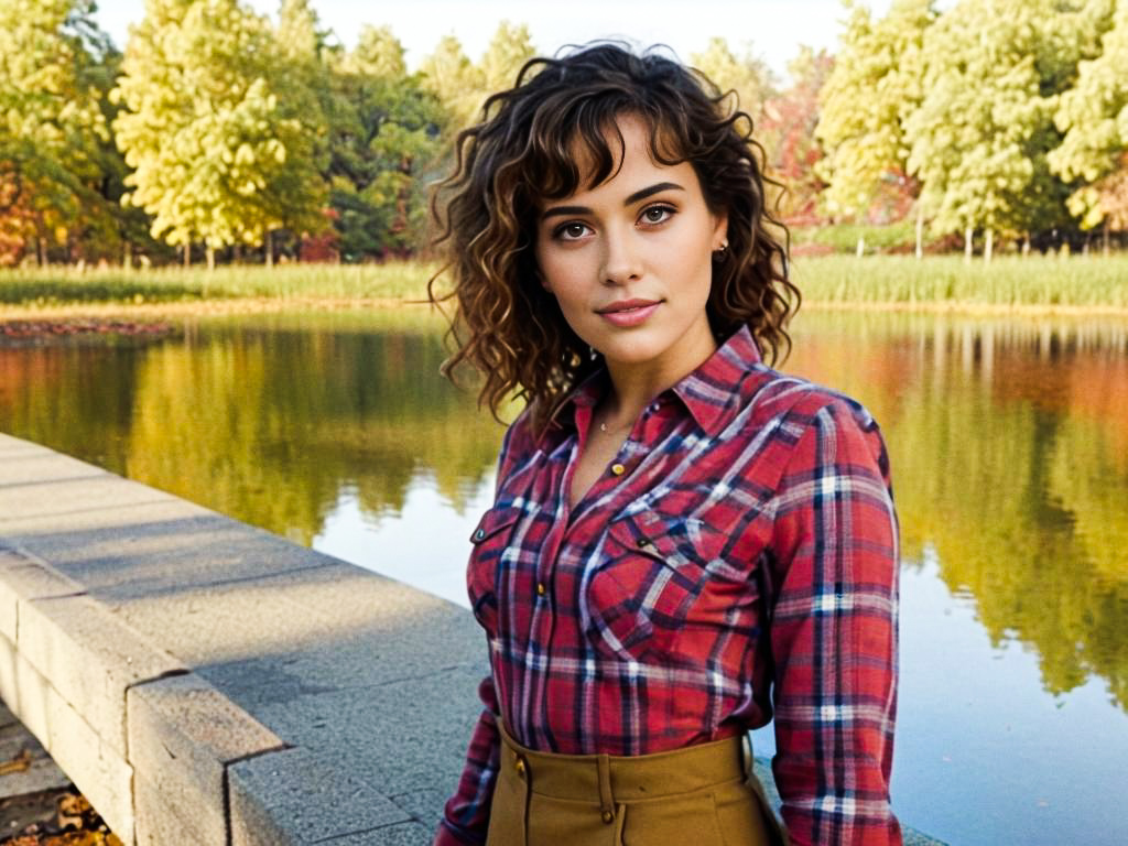 Woman in Plaid Shirt by Autumn Lake