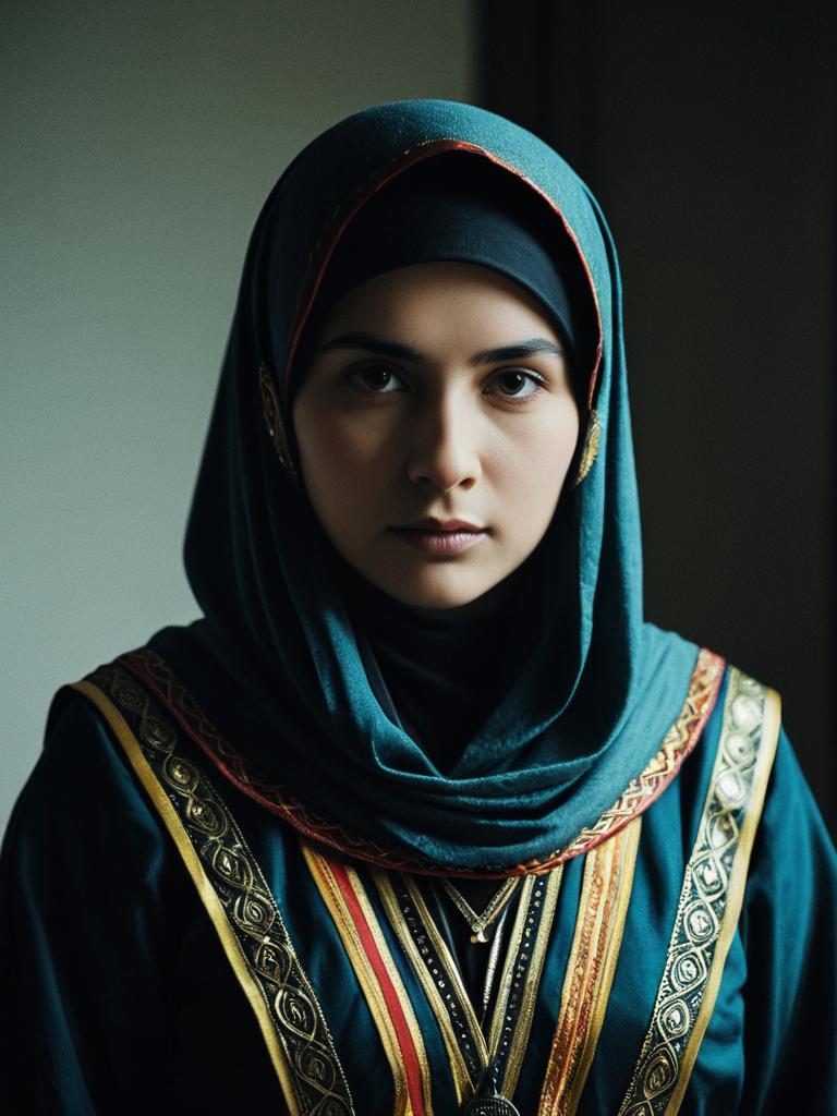 Woman in Traditional Mina Costume Cinematic Realism Portrait