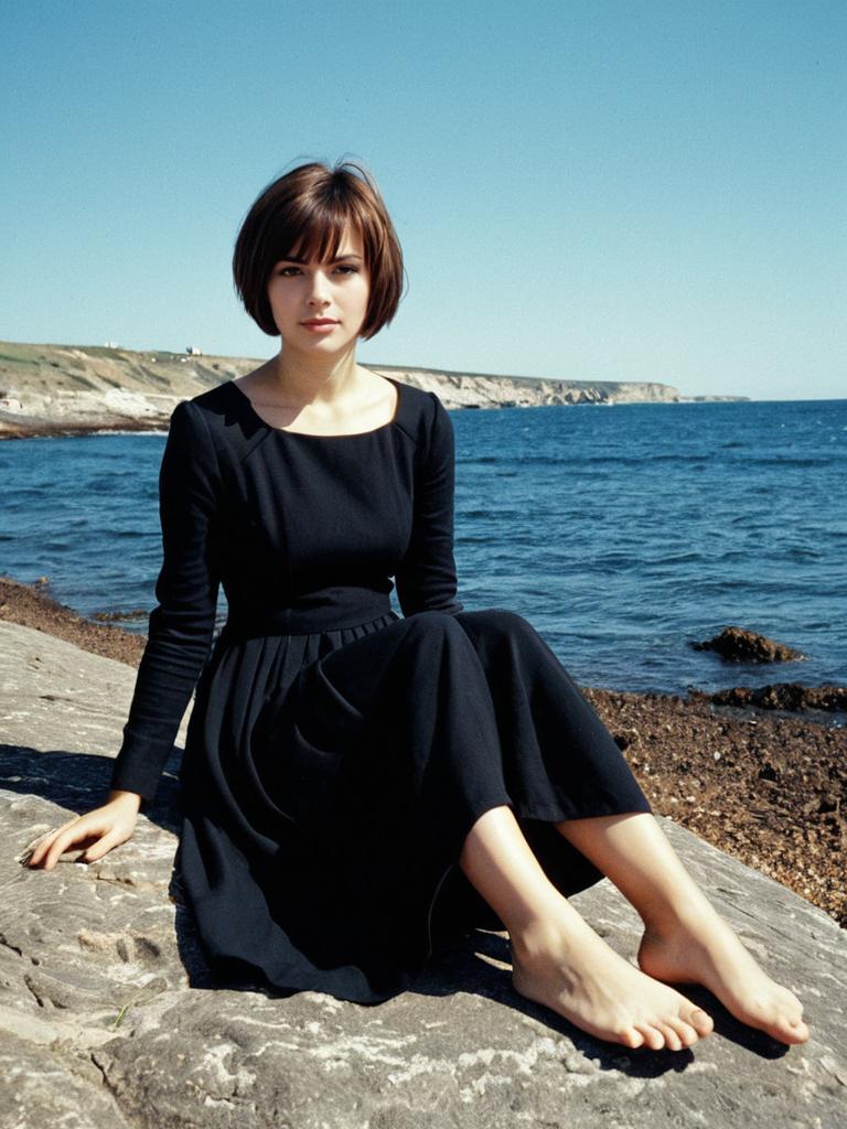 Young Woman Sitting on Rocky Shore by the Ocean in Black Dress