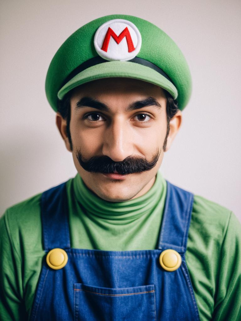 Man in Mario Luigi Costume Photorealistic Cosplay Portrait