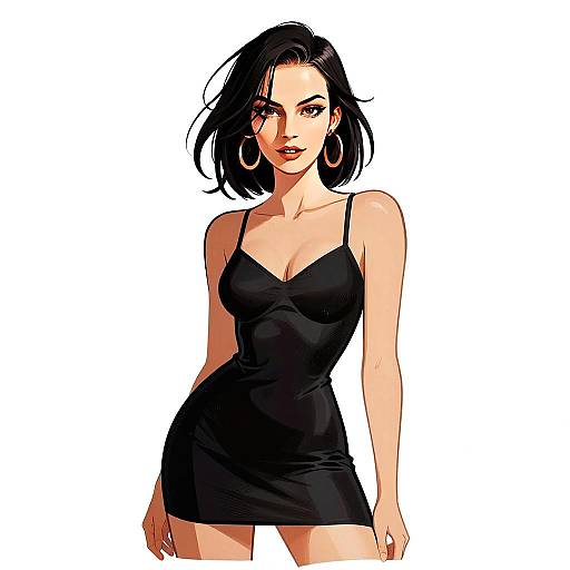 Stylish Young Woman in Black Dress Digital Illustration