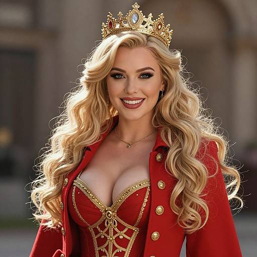 Blonde Woman in Regal Red and Gold Outfit with Golden Crown