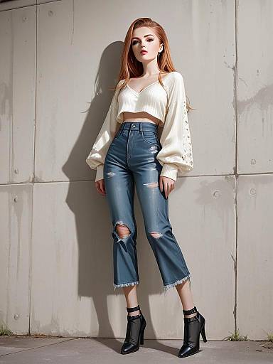Stylish Woman in Casual Chic White Cropped Sweater and Distressed Jeans Full Body Shot