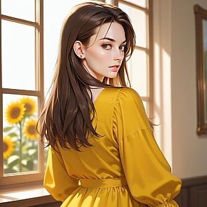 Woman in Yellow Dress by Window with Sunflowers