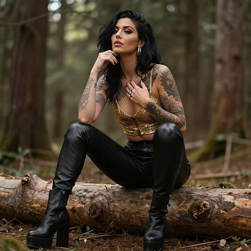Stylish Gen Z Woman Posing in Forest Wearing Gold Crop Top and Leather Pants