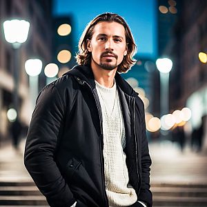 Stylish man with shoulder-length hair on city street at dusk