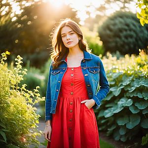 Young Woman in Red Dress and Denim Jacket in Garden