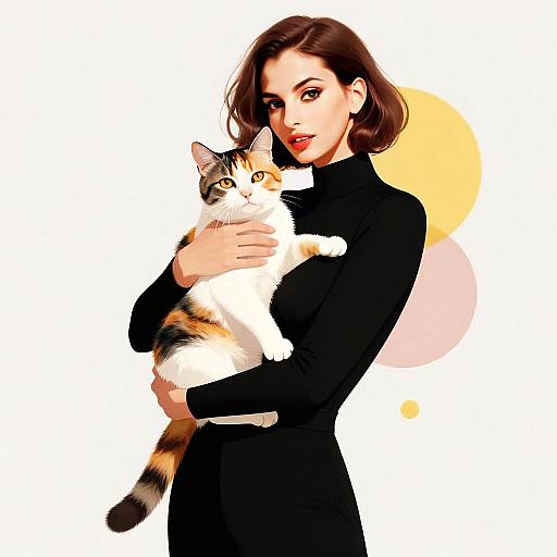 Elegant Woman Holding Calico Cat Digital Illustration