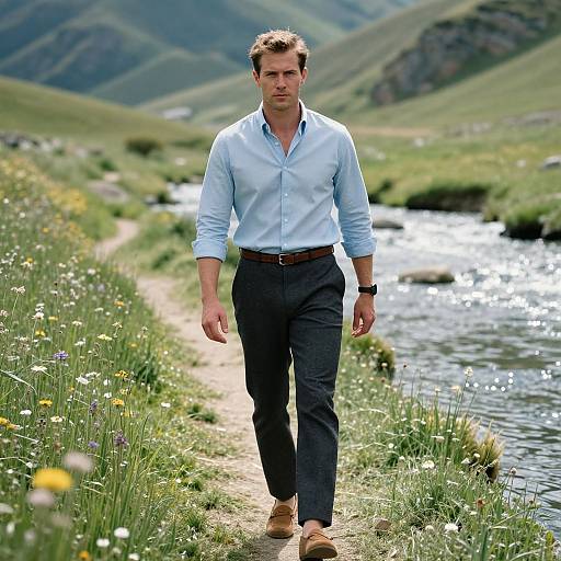 Man Walking Along Stream Pathway in Scenic Green Mountains