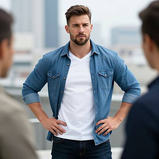Confident Young Man in Denim Shirt Outdoor Urban Setting