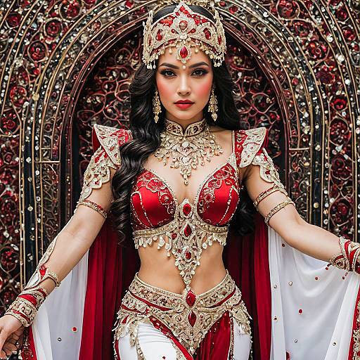 Elegant Woman in Red and Gold Ornate Southeast Asian Royal Costume