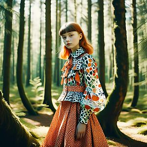 Young Woman in Eclectic Outfit in Sunlit Forest