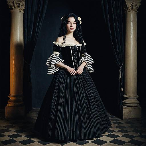 Elegant Victorian-Style Woman in Black Gown with Striped Sleeves