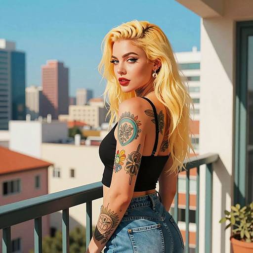 Trendy Gen Z Woman with Blonde Hair and Tattoos on City Balcony