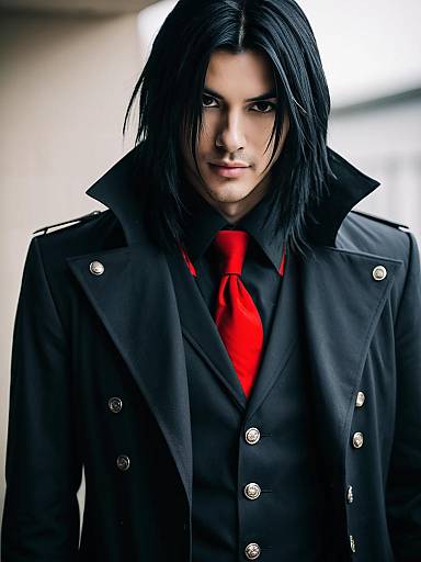 Stylish Man in Black Trench Coat and Red Tie Inspired by Alucard Hellsing