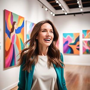 Cheerful Woman in Vibrant Art Gallery