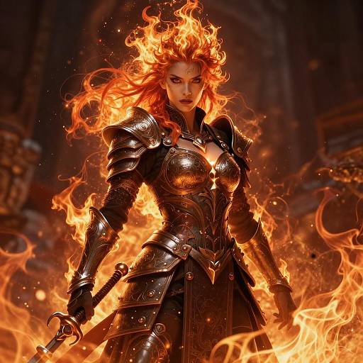 Fiery Woman Warrior in Bronze Armor Holding Sword