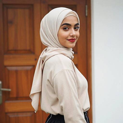 Portrait of a Woman in Beige Hijab and Red Lipstick Standing by Wooden Door