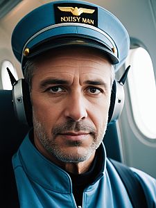 Photorealistic Close-Up Headshot of Man in Vintage Airliner Pilot Costume