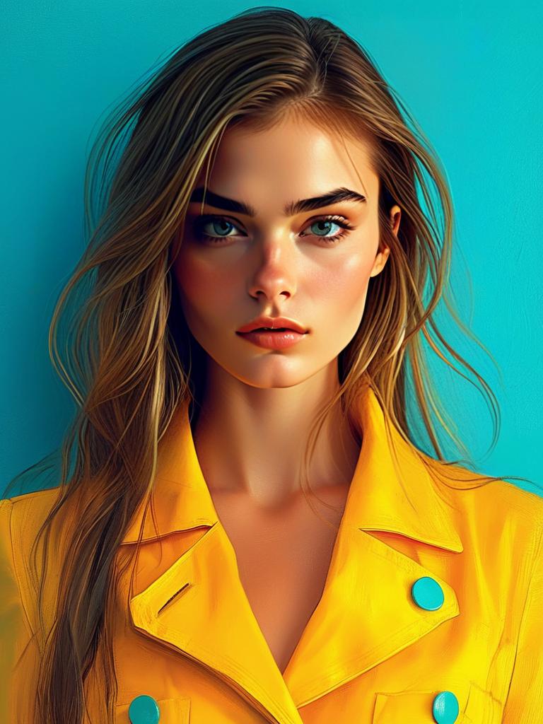 Confident Young Woman in Yellow Jacket Against Turquoise Background