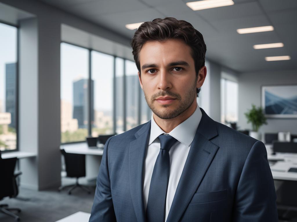 Professional man in blue suit in modern office