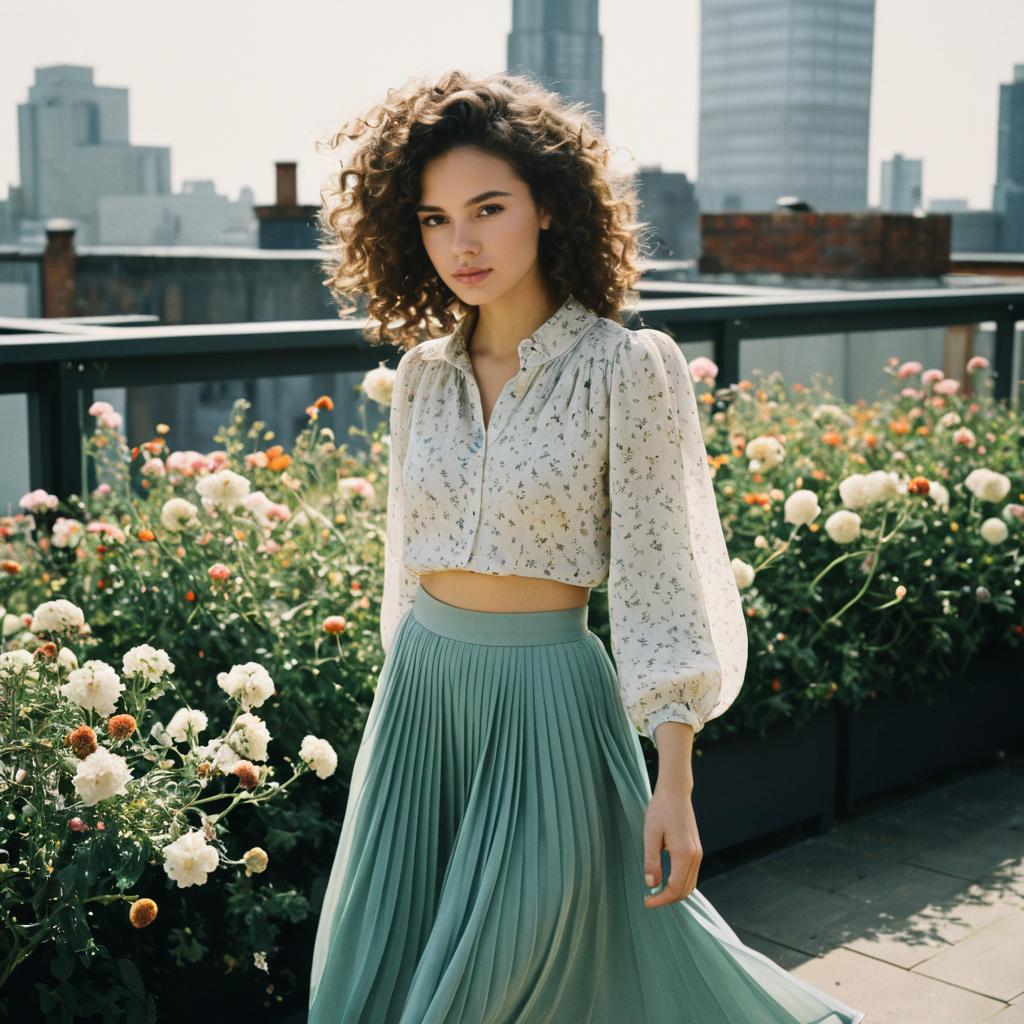 Young Woman in Floral Crop Top and Pleated Skirt on Urban Rooftop Garden