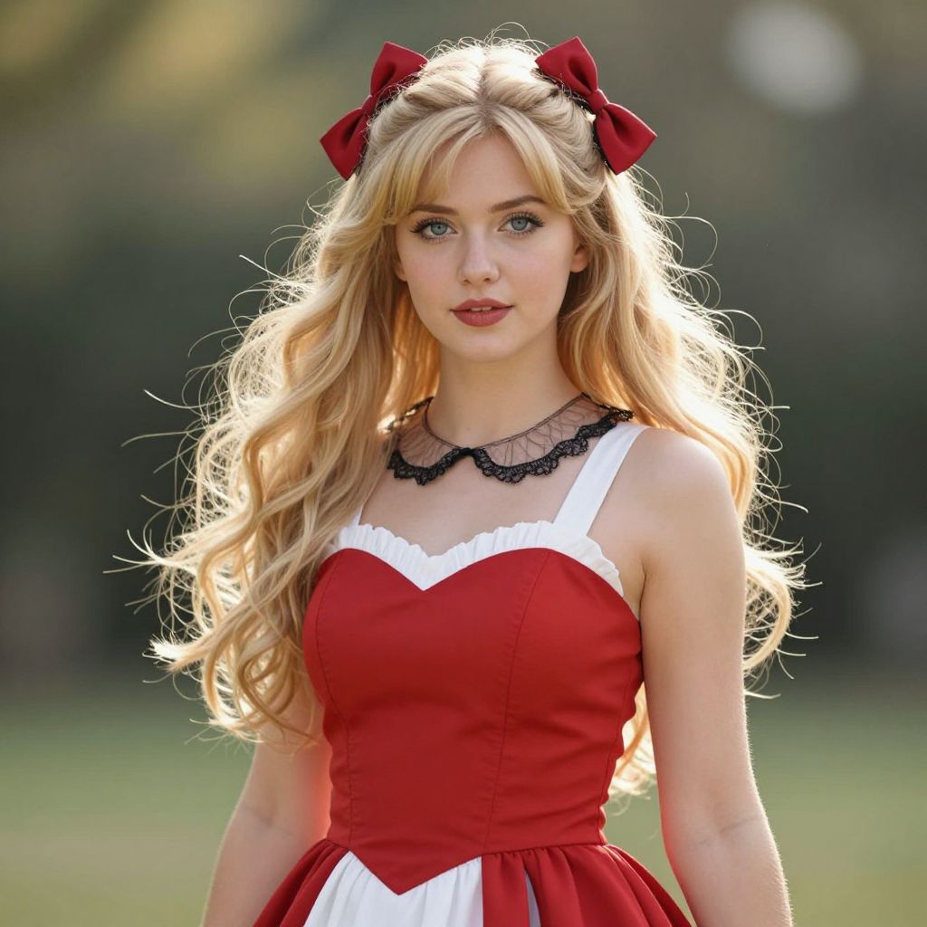 Young Woman in Red Vintage Dress with Red Hair Bows Outdoor Portrait