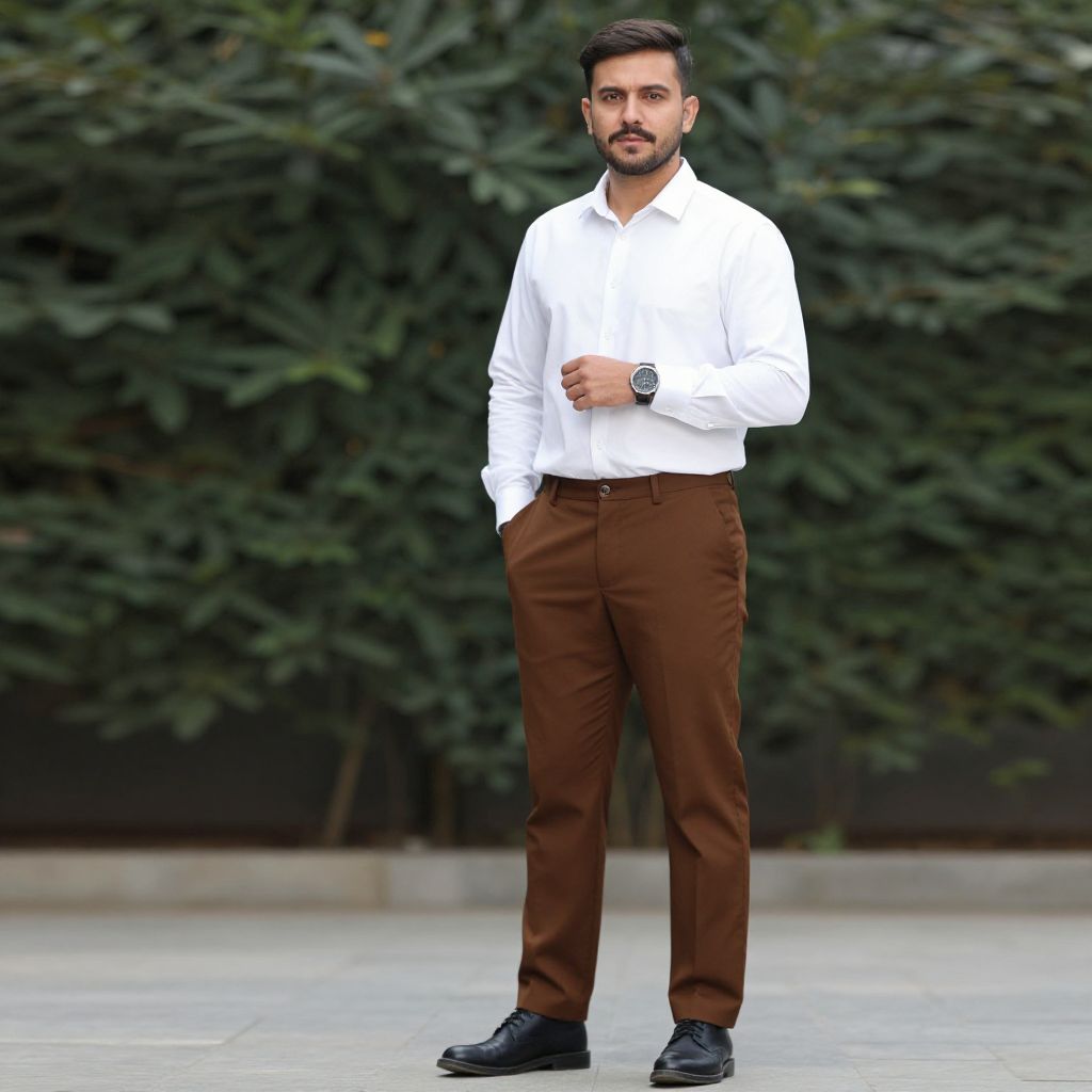 Confident Man in White Shirt and Brown Trousers Outdoors