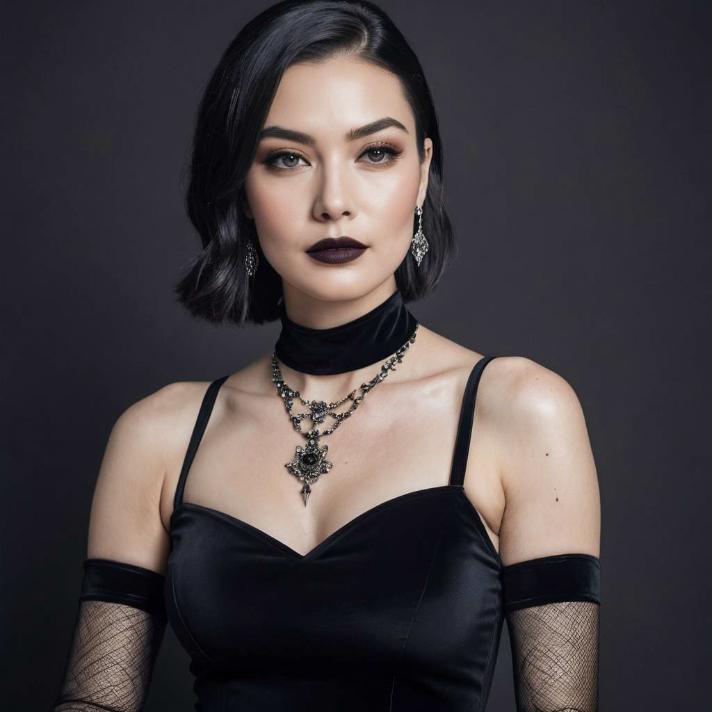 Gothic Elegant Woman in Black Velvet Dress with Statement Jewelry