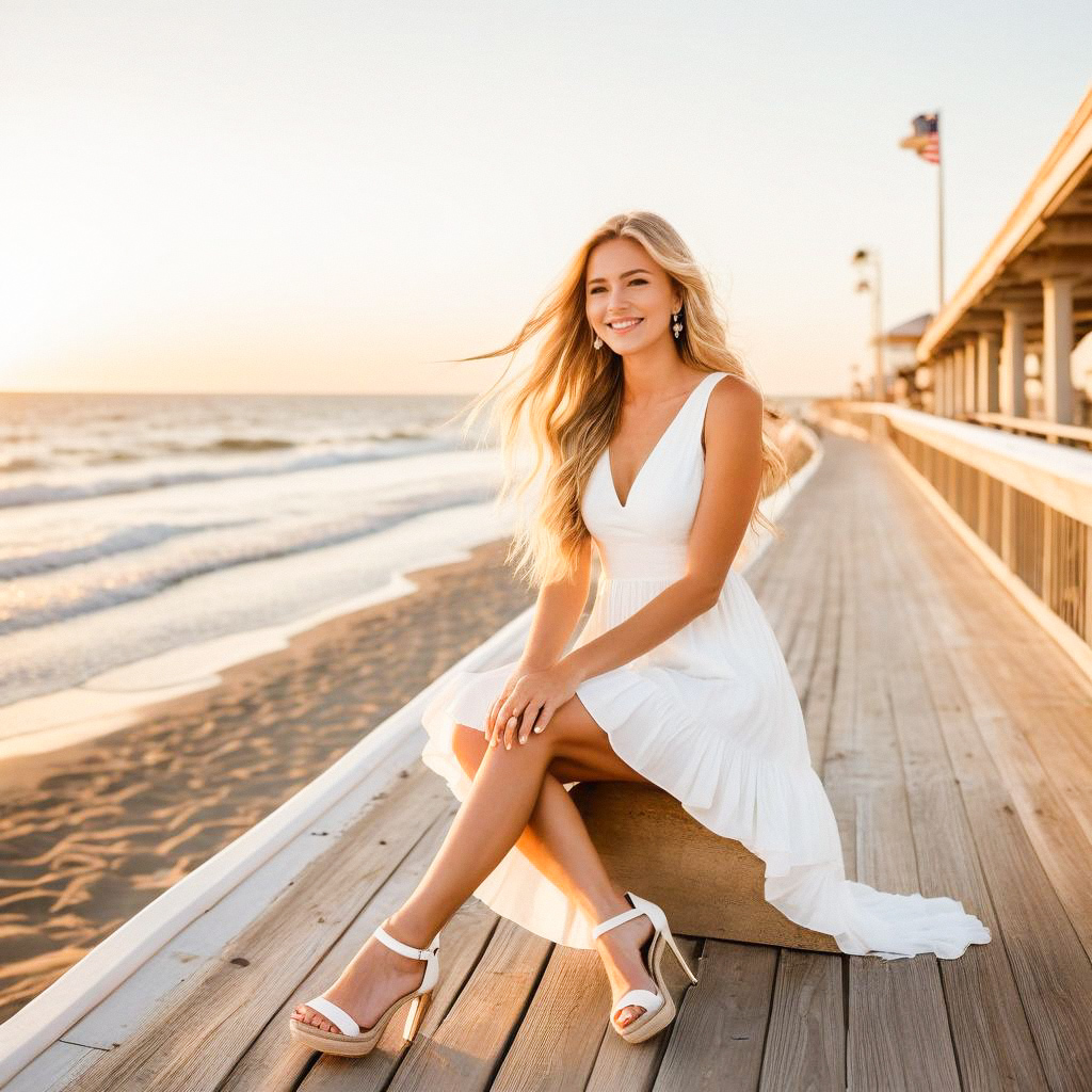 Young Woman in White Dress by the Beach at Golden Hour