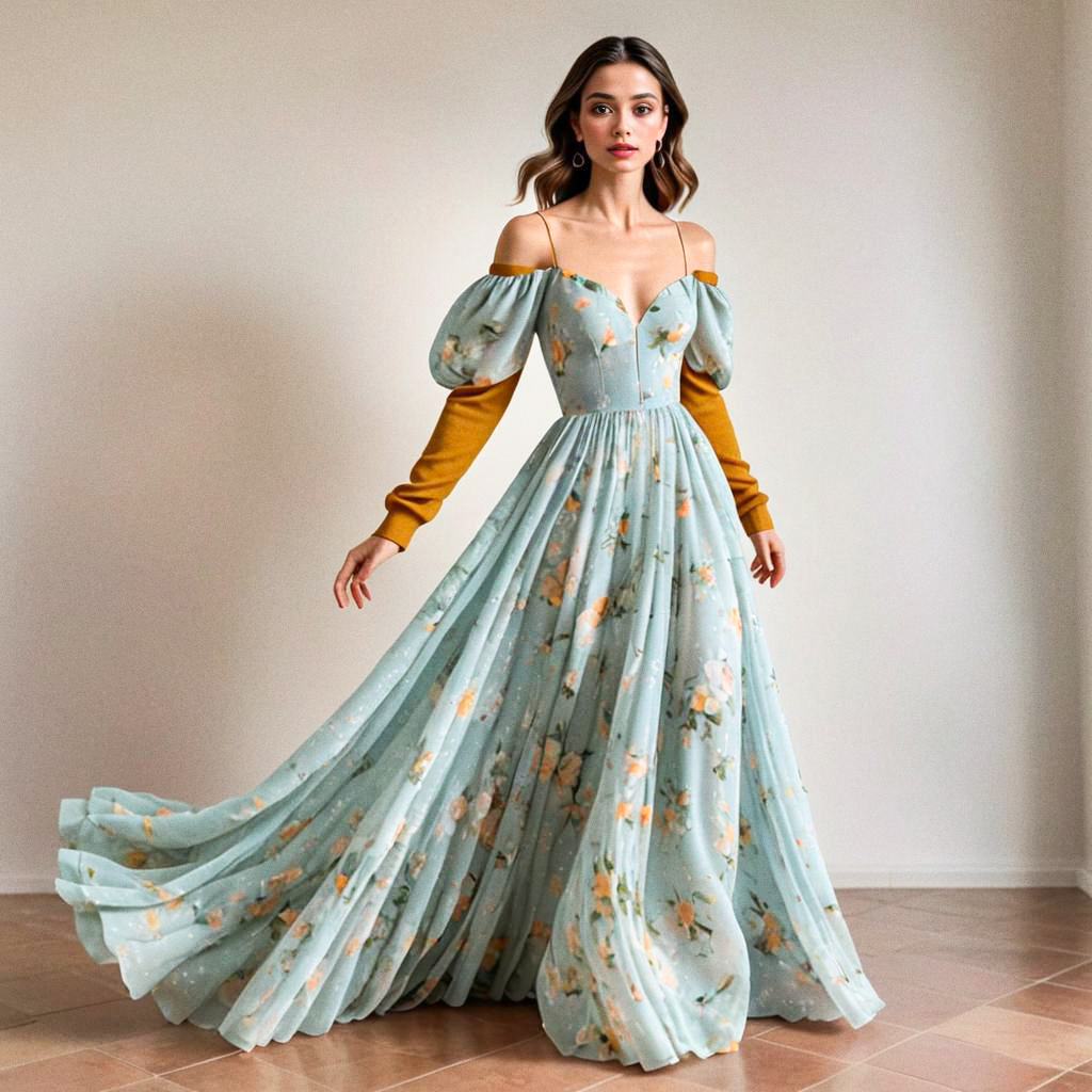 Elegant Woman in Pastel Blue Floral Gown Elegant Woman in Pastel Blue Floral Gown
