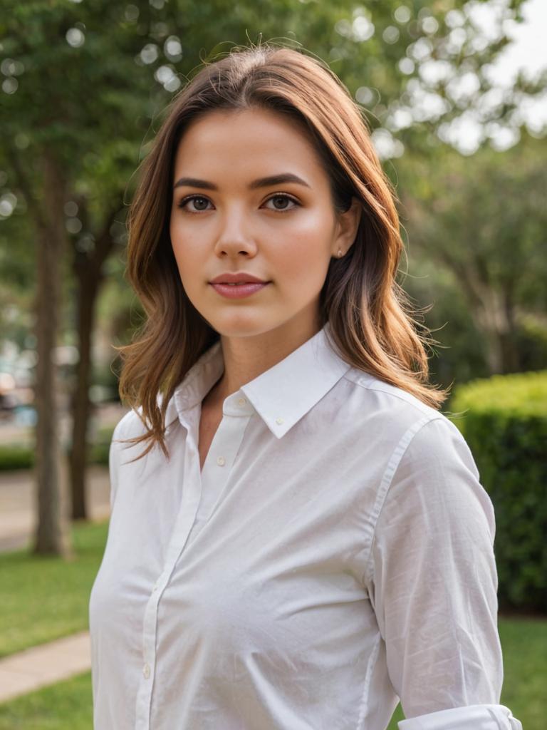 Professional headshot of a confident woman in a white shirt