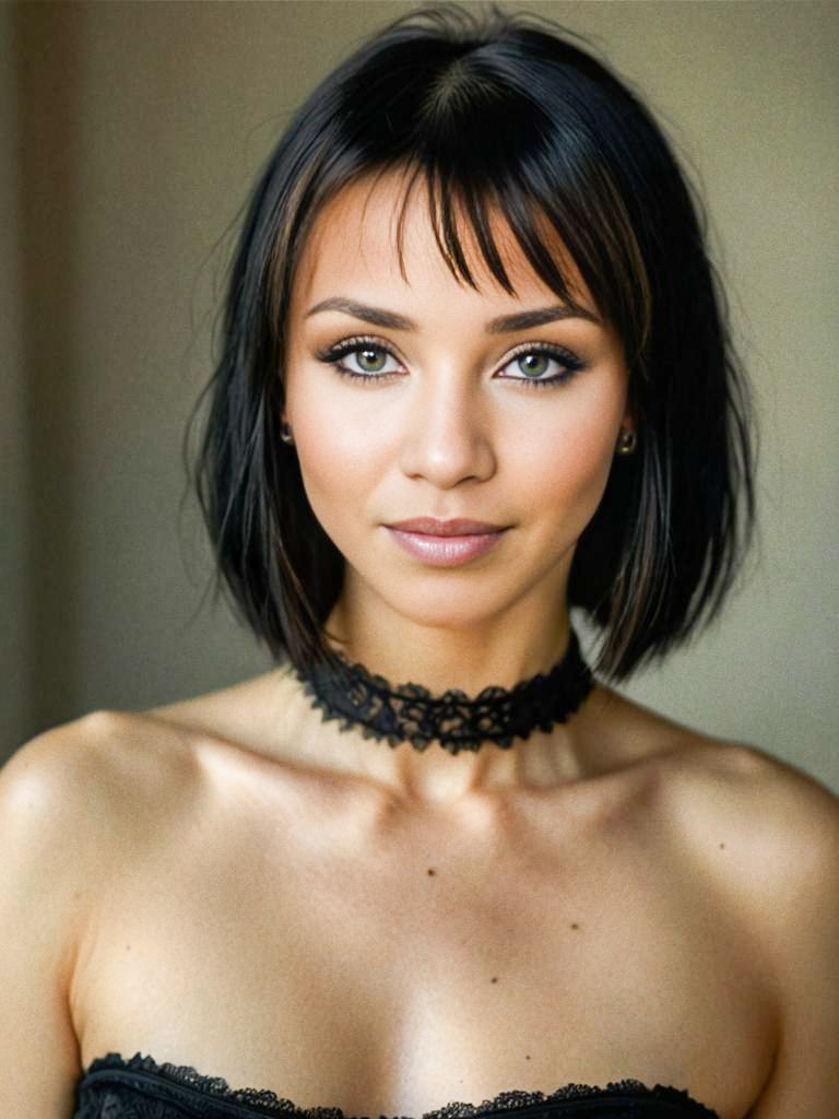 Elegant Woman with Green Eyes and Bob Haircut