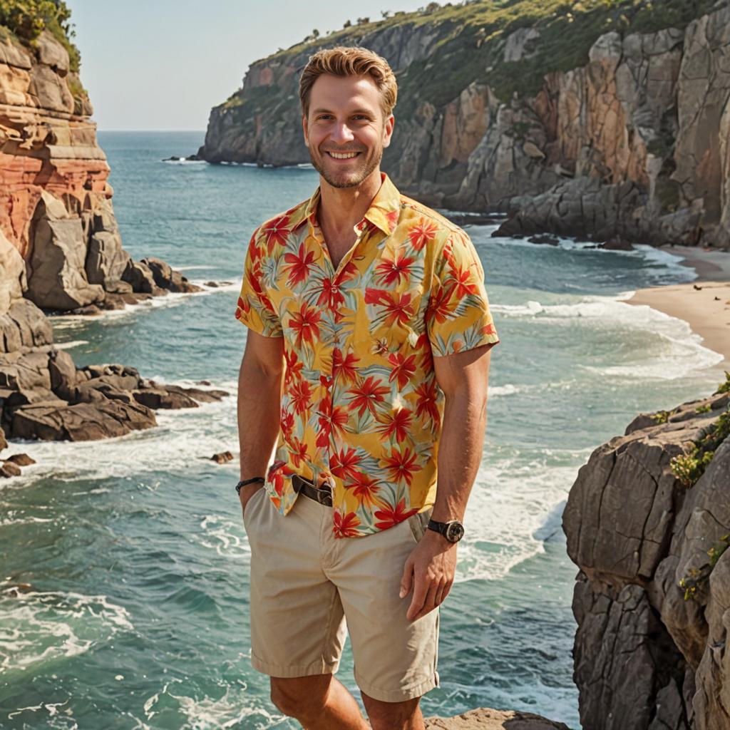 Happy man in floral shirt by the seaside