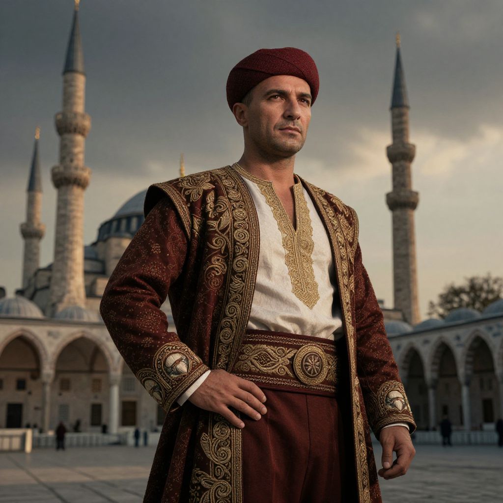Man in Traditional Ottoman Clothing Standing by Historic Mosque