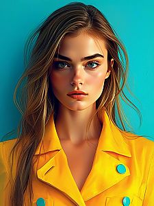 Confident Young Woman in Yellow Jacket Against Turquoise Background