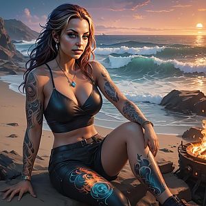 Confident Woman with Tattoos at Sunset Beach