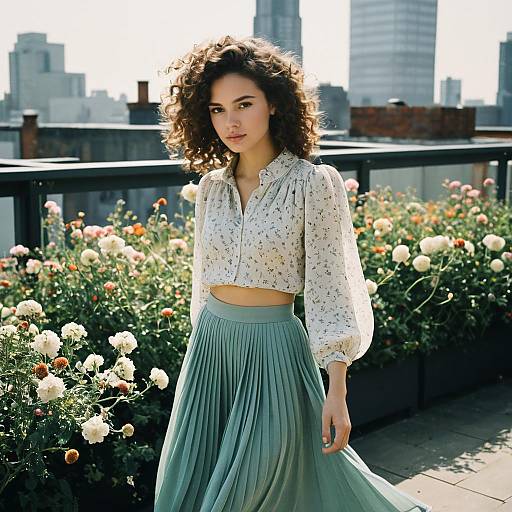 Young Woman in Floral Crop Top and Pleated Skirt on Urban Rooftop Garden