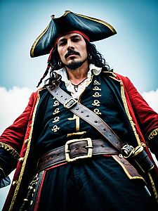 Dramatic Low Angle Portrait of Man in Pirate Costume with Cinematic Realism