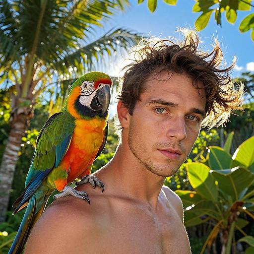 Young Man with Colorful Parrot on Shoulder in Tropical Outdoor Setting