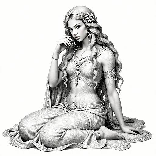 Elegant Fantasy Illustration of Young Woman in Intricate Patterned Outfit